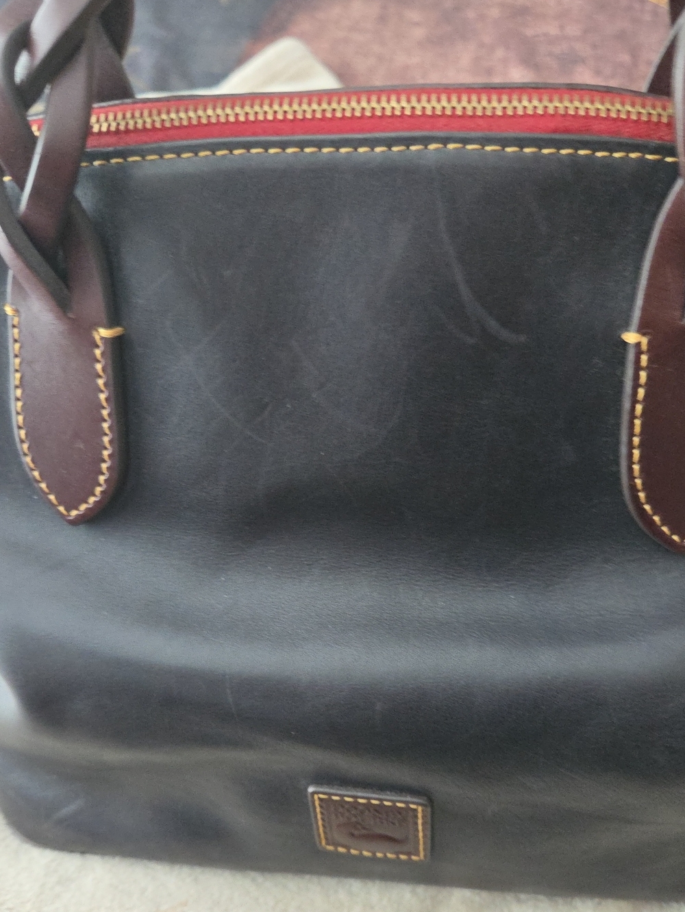 Leather Tote Bag in Dark Blue with Dark Brown Braided Handles. - Picture 5 of 7